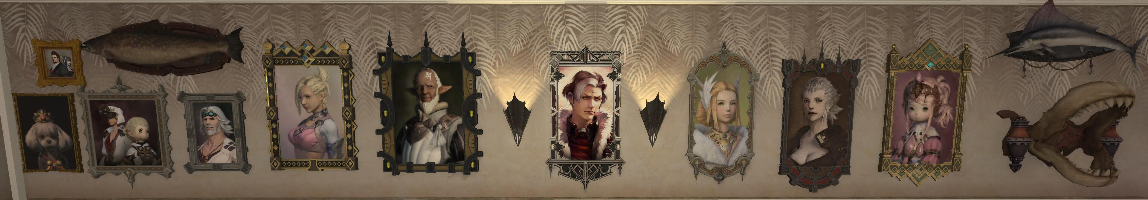 A wall with portraits of various nation leaders and important story NPCs, also a dog, and some mounted fish