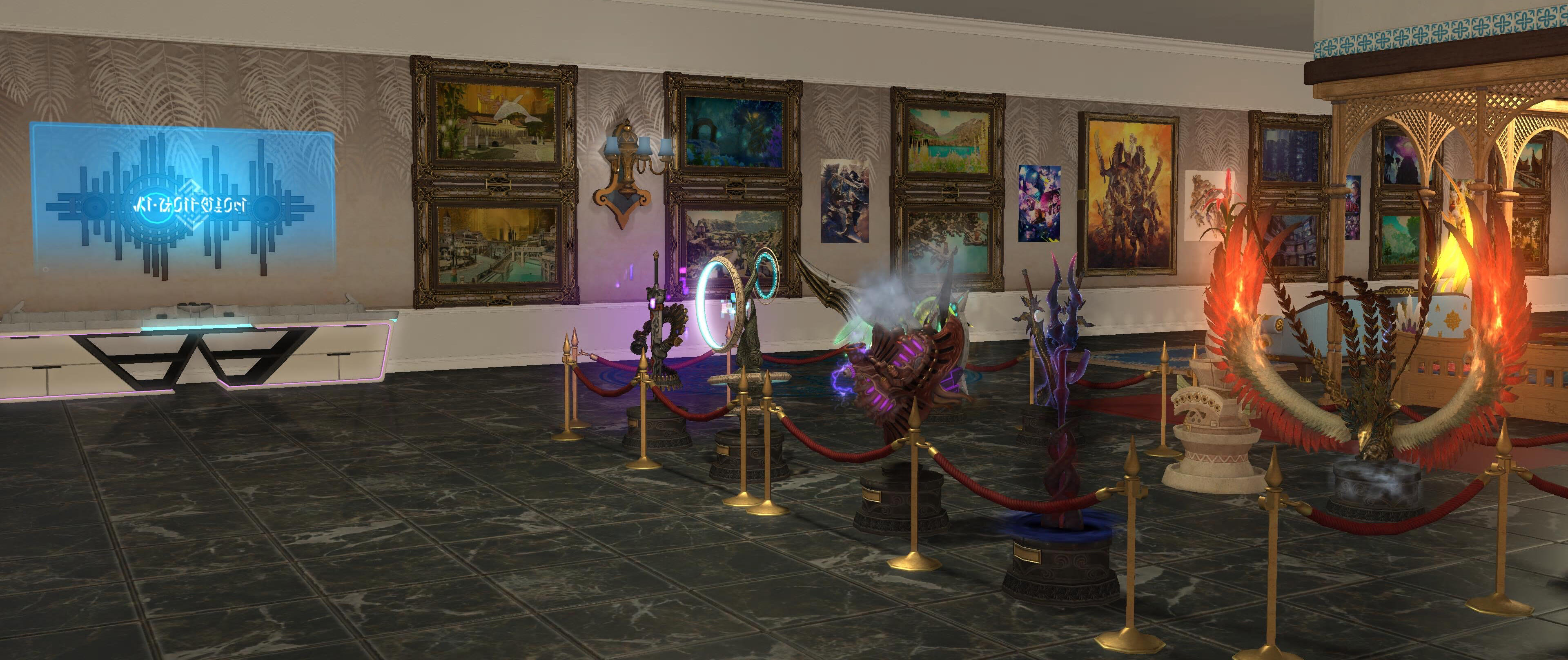 Dawntrail Exhibit A corner view highlighting the various trophies from Dawntrail trials, in the background are landscapes, patch key art posters, and a large painting showing Dawntrail characters.