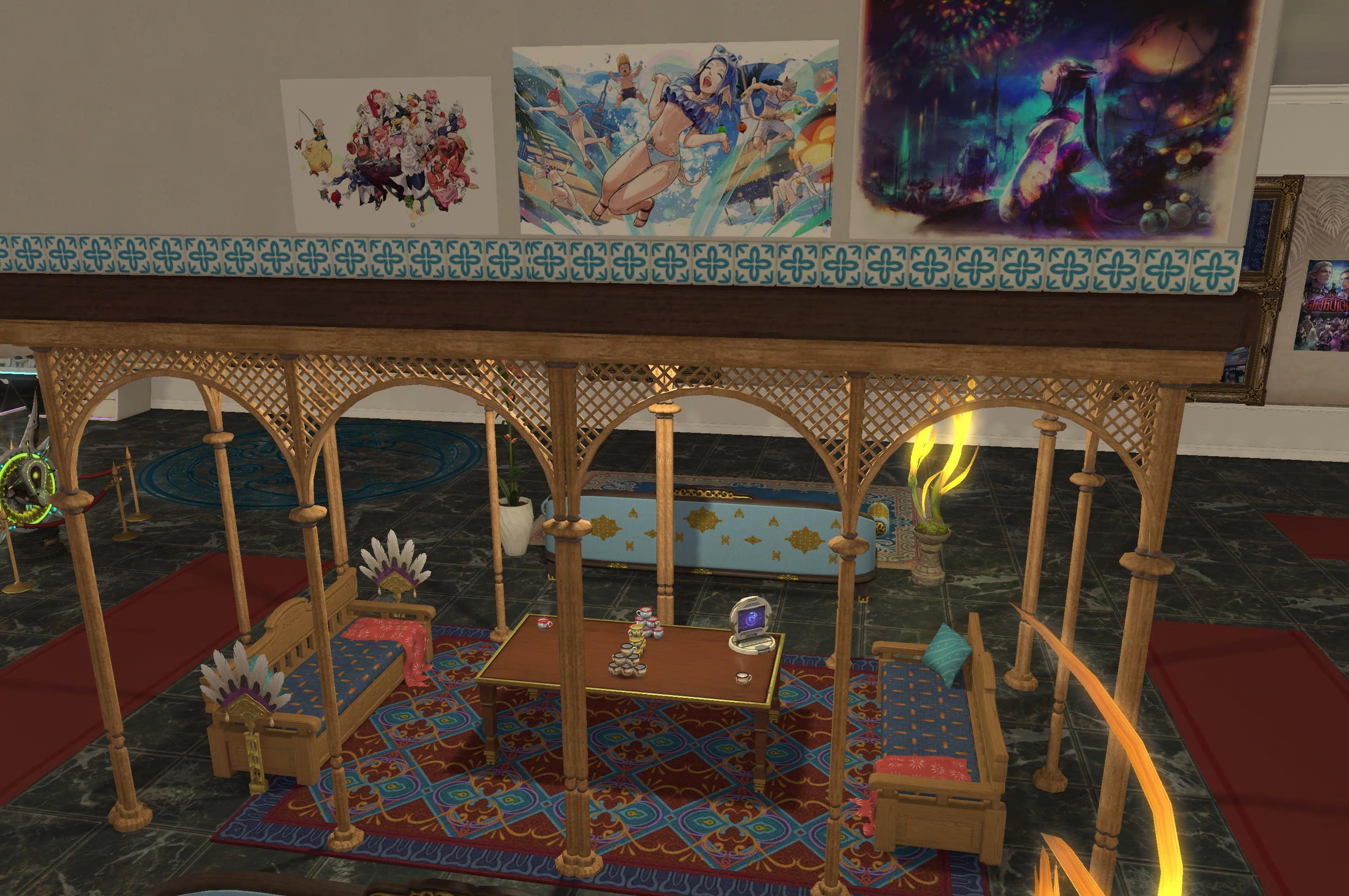 A small area enclosed by open partitions, with a pair of comfortable couches and a table with tea available, and a terminal for checking news and messages. Great for relaxing after a tour, or talking with a friend or companion casually