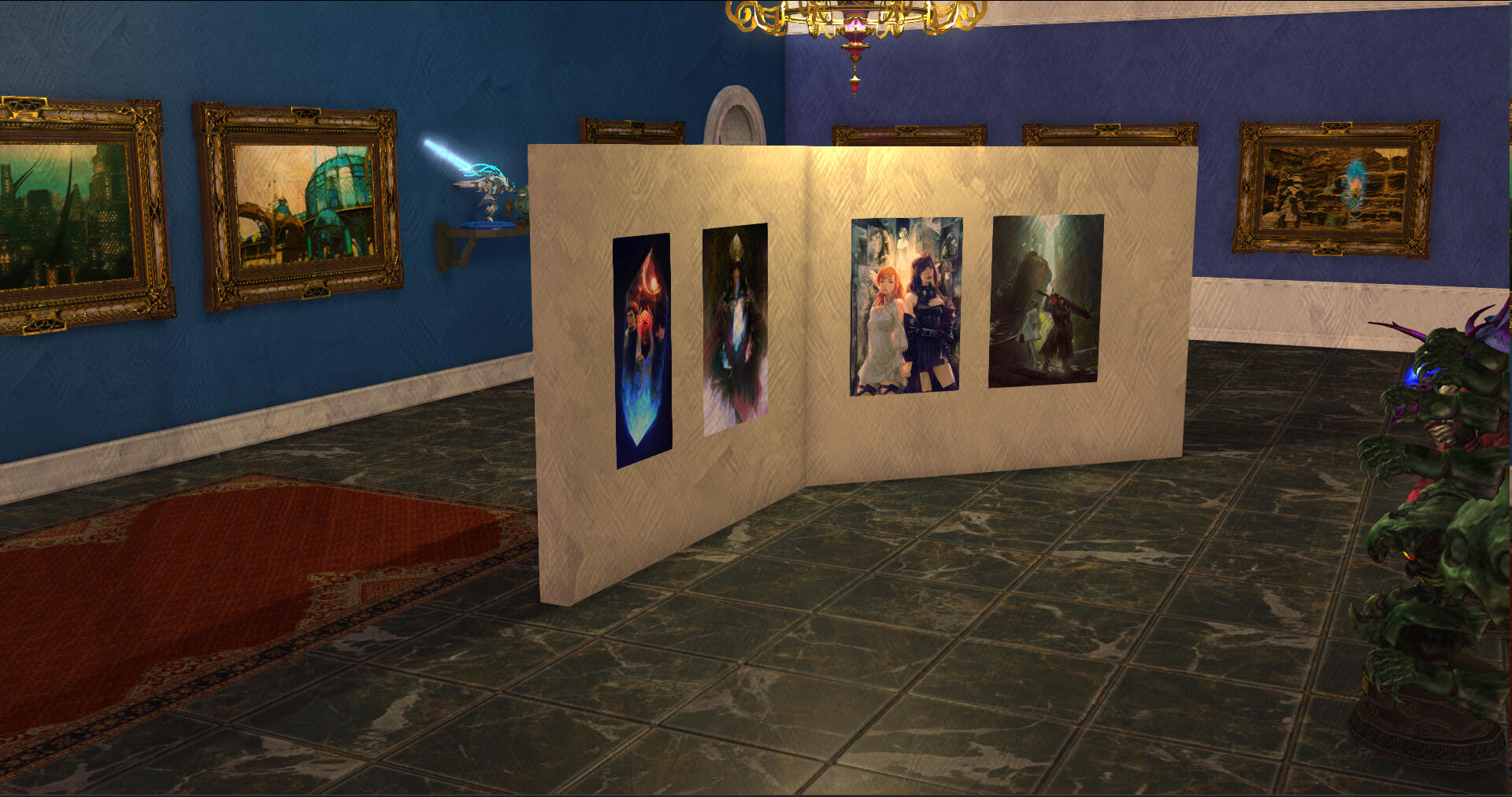Shadowbringers Exhibit A corner view of the Shadowbringers exhibit, showing posters of patch key art, landscapes, and sculptures.