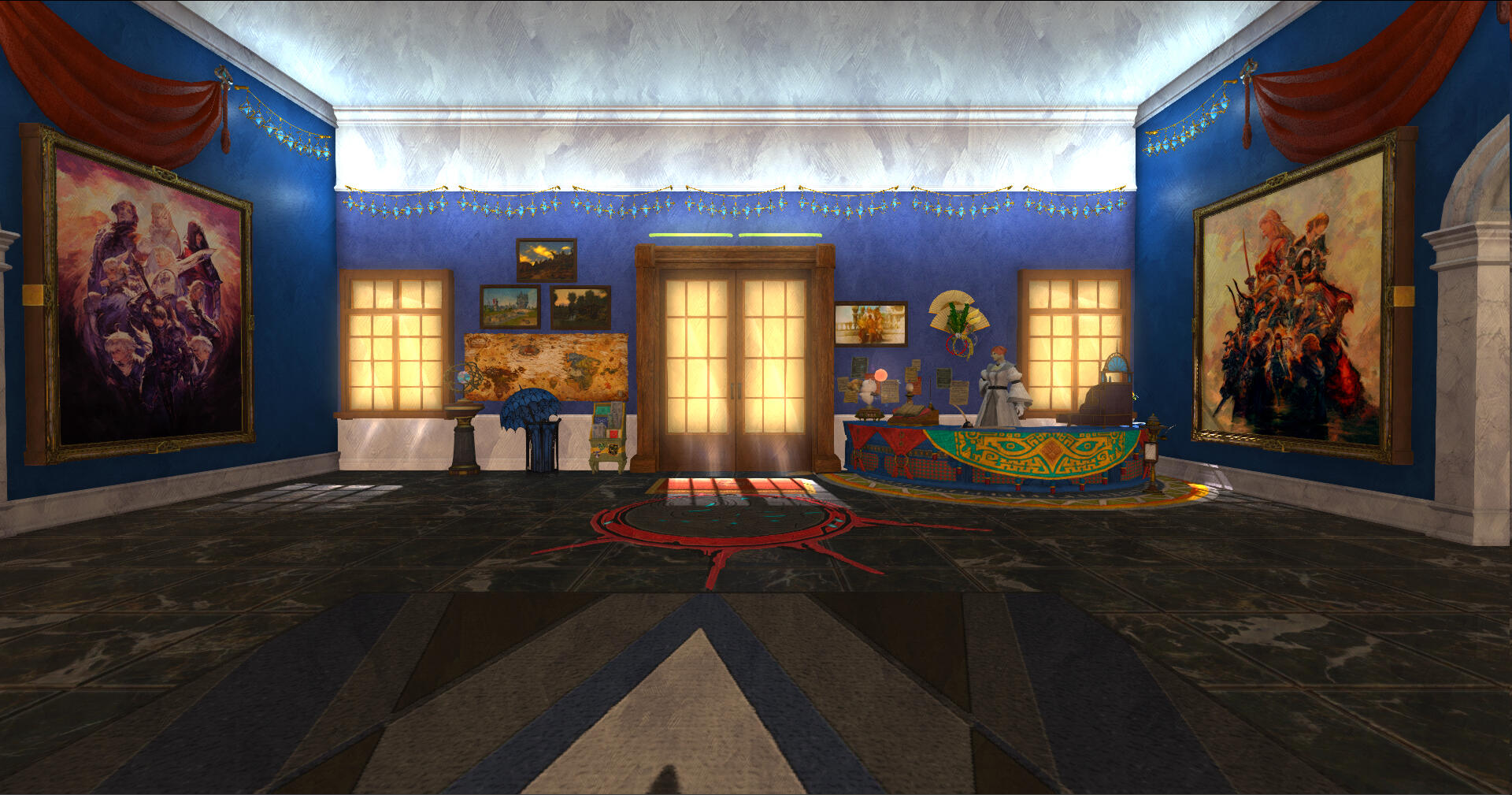 Entrance A reverse view of the entrance hall, with a large painting featuring characters from Shadowbringers on the left, and one for Stormblood on the right. On the left of the entrance are a globe, a map of the world, several small paintings, a brochure stand and
