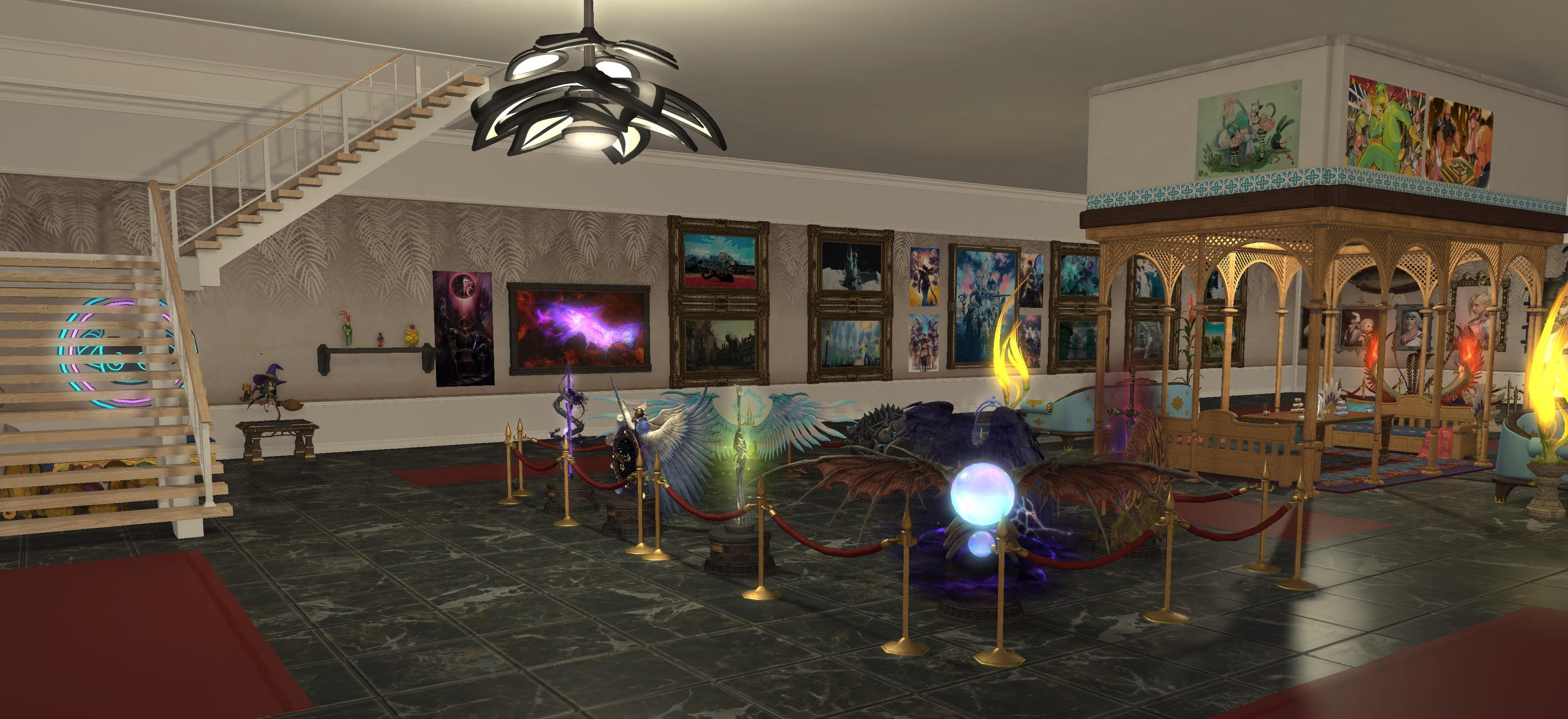 A corner view of the Endwalker exhibit showing sculptures representing the trials and paintings of landscapes of various locations from the expansion. Visible on the left side, under the stairs, is the kids corner with cute stuffed animals and fun lighting
