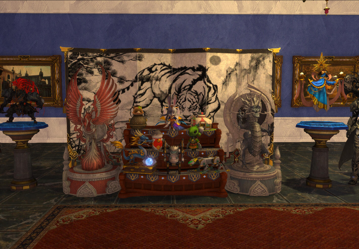 Stormblood Exhibit A display of various figurines and statues of races and characters from Stormblood, backed by a Far Eastern divider decorated with a black and white painting of Byakko