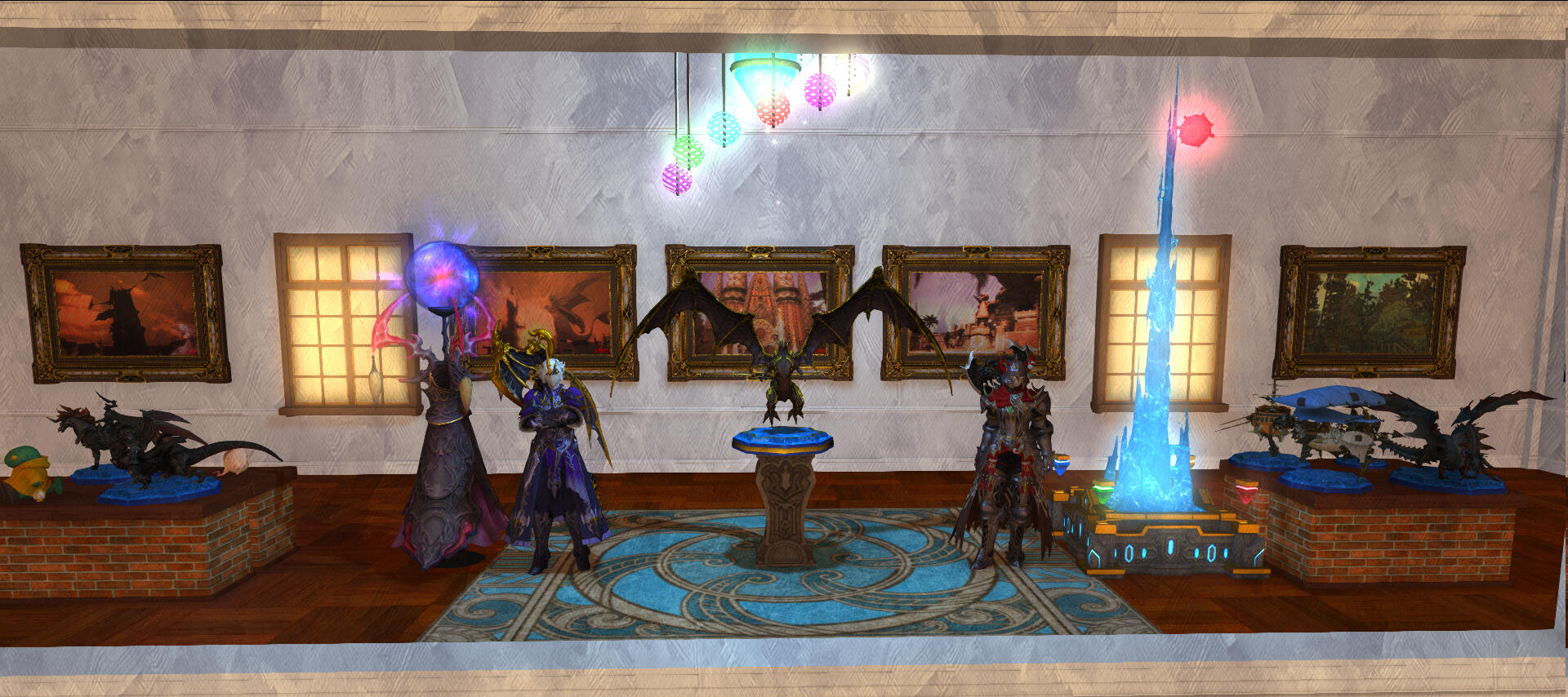A view through a window of the A Realm Reborn exhibit, with figurines on display on the far left and right, a Levin Lamp and large model of the Crystal Tower beside the figurines, and in the middle is a large statue of Bahamut flanked by mannequins