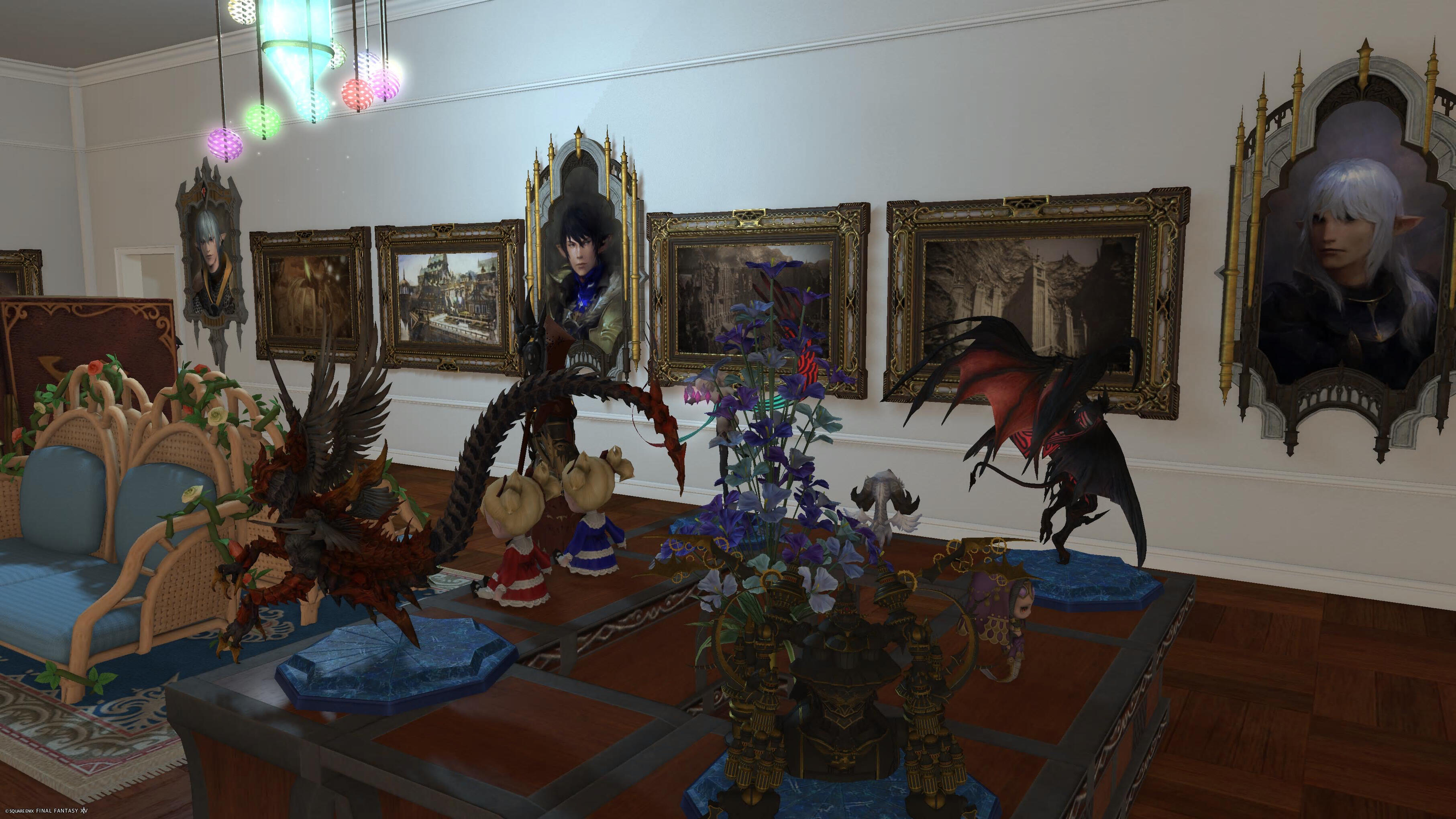Corner view of the Heavensward exhibit, showing various figurines, portraits, landscapes, and dolls.
