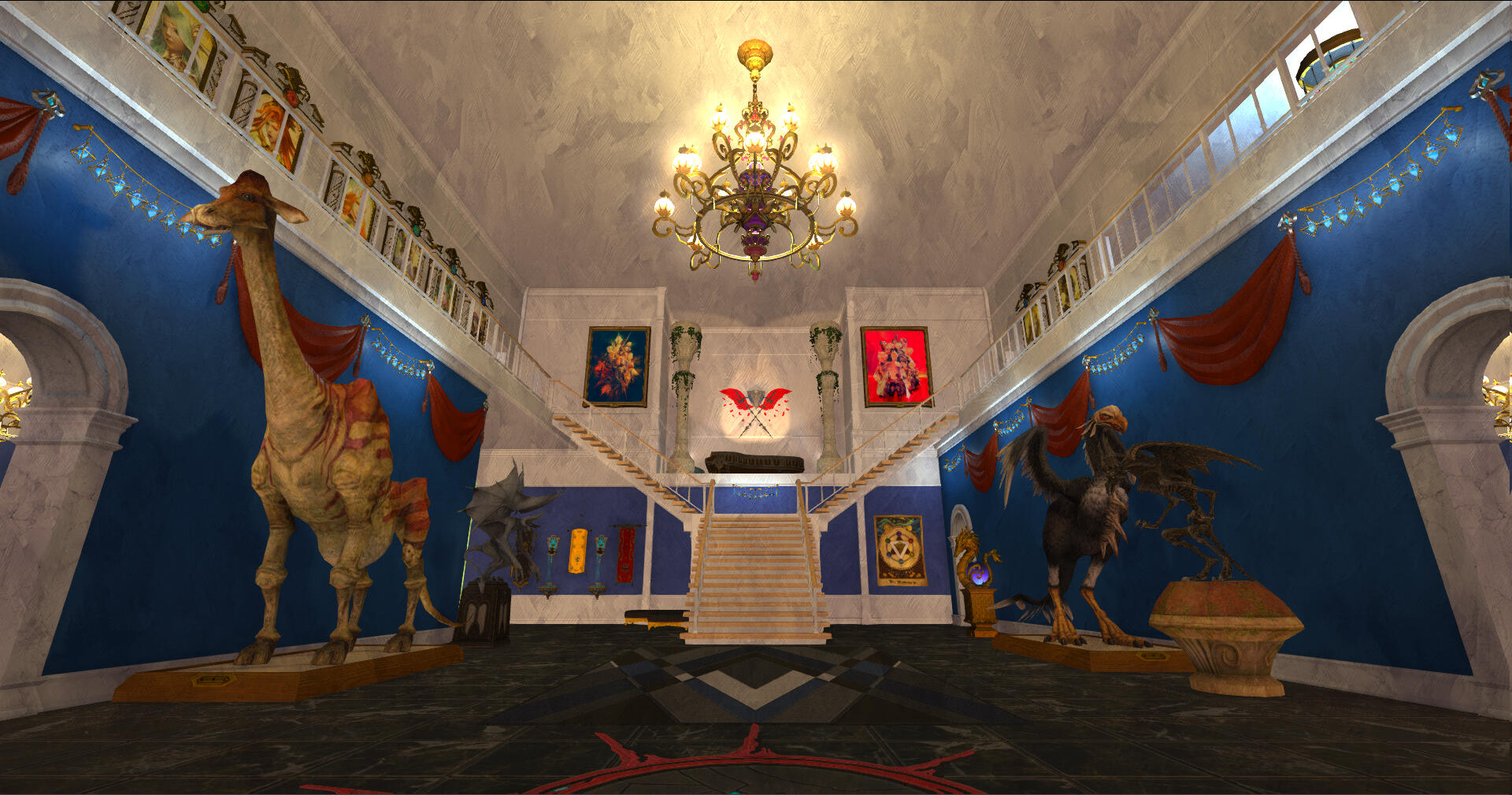 Wide angle of entrance hall, with taxidermied animals and sculptures on the side, and a staircase leading up and splitting to the left and right. Over the left staircase is a large painting featuring characters from Heavensward, over the right staircase is