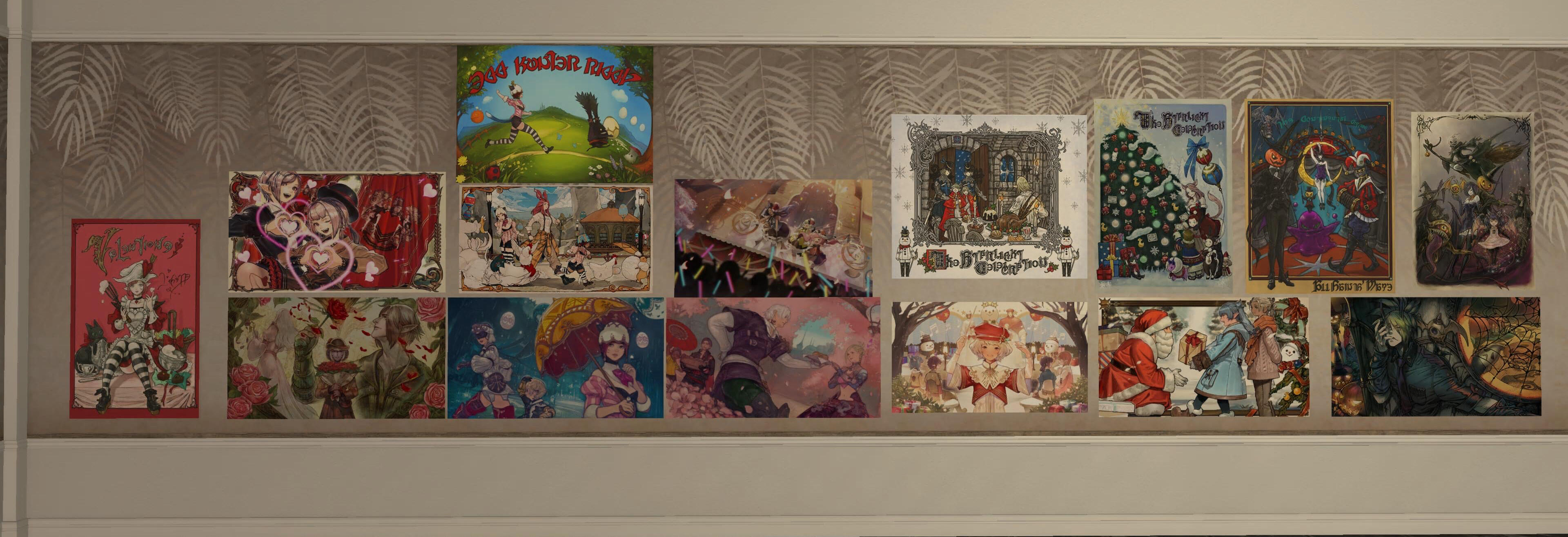 A wall of posters from various seasonal events, from Hatchingtide to All Saints Wake.