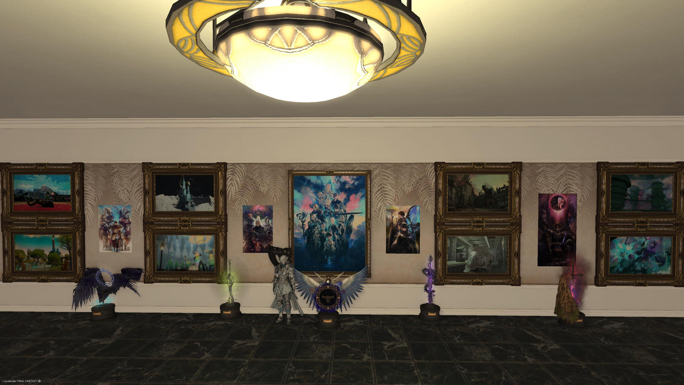 A wide-angel view of one wall of the basement exhibits from the centre of the room