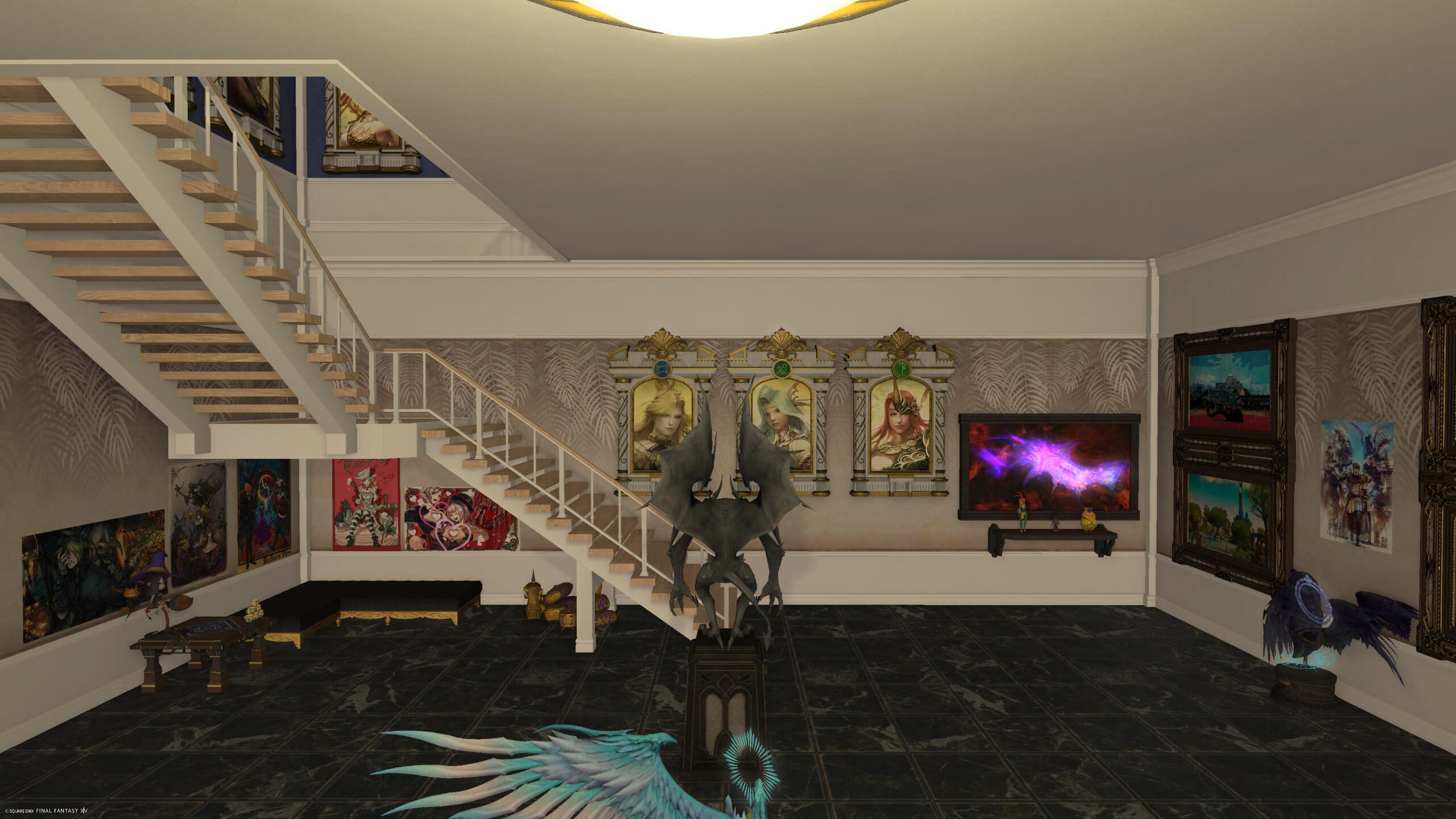 High angle view of lower floor, facing the stairs