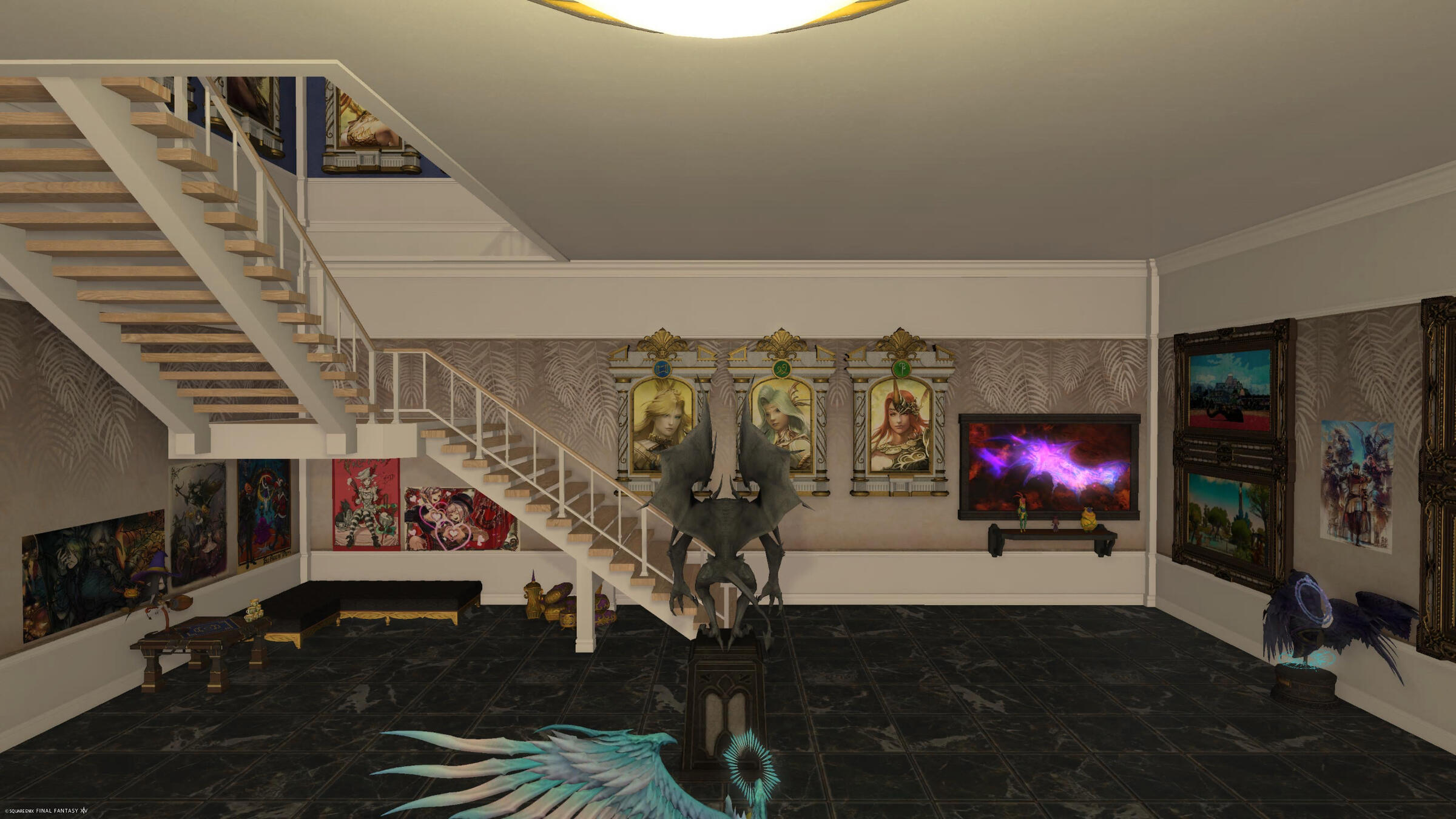 High angle view of lower floor, facing the stairs