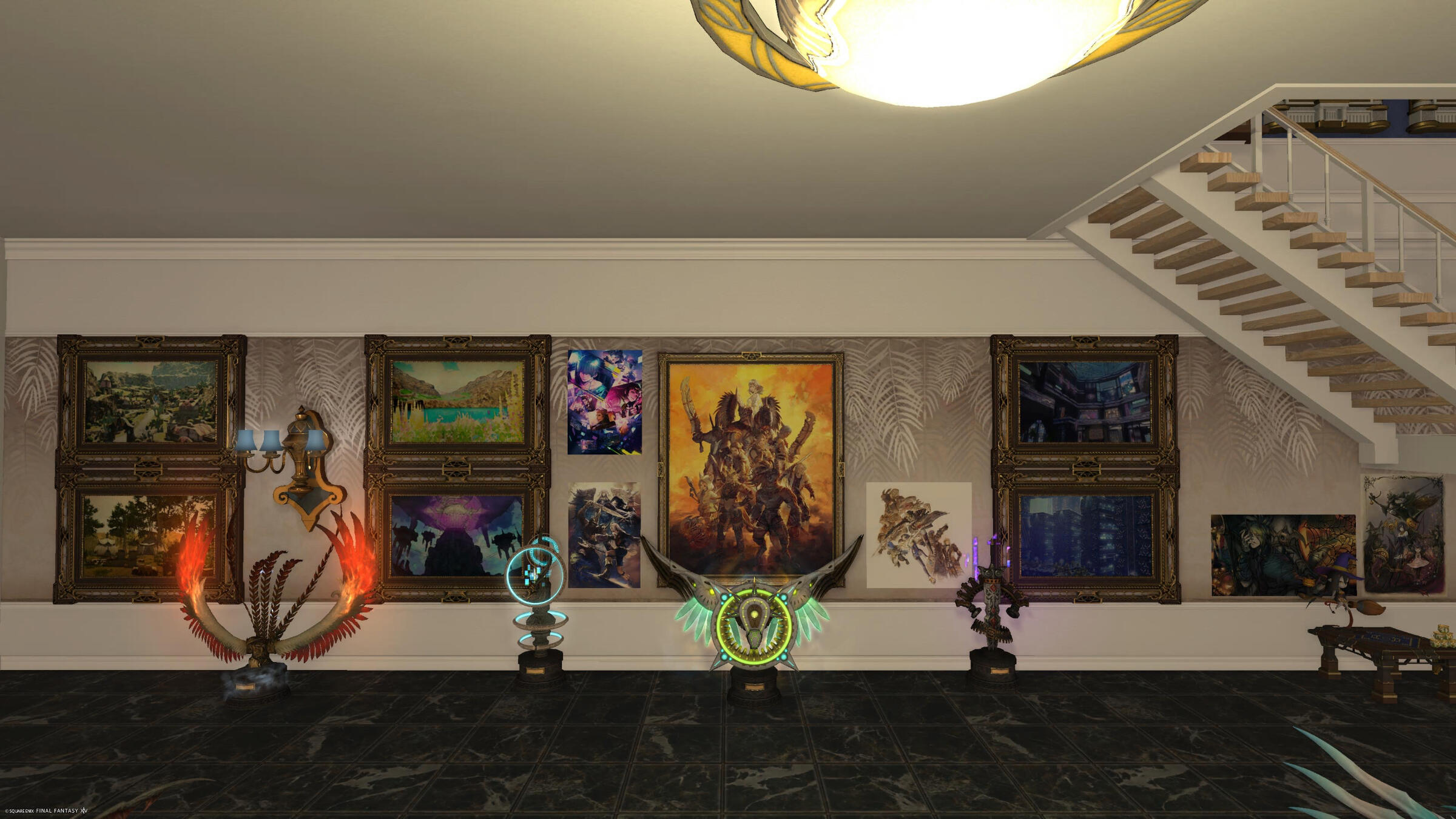 A wide-angel view of another wall of the basement exhibits from the centre of the room